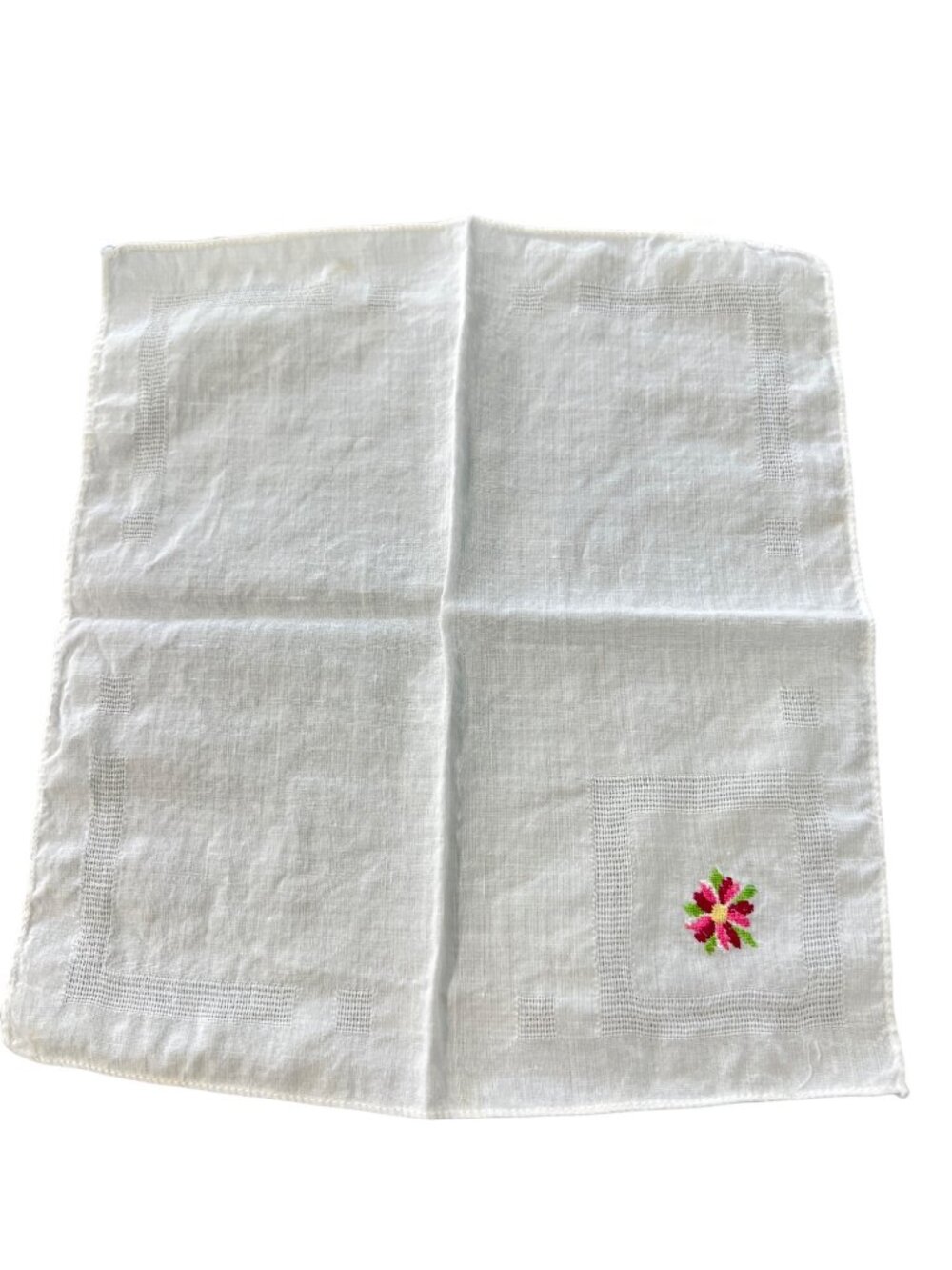 Vintage Handkerchief Flower Embroidered Lot of 2 White Square Scarf Retro Hippie